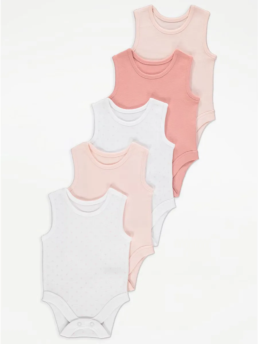 Pink Heart Print Sleeveless Bodysuits 5 Pack