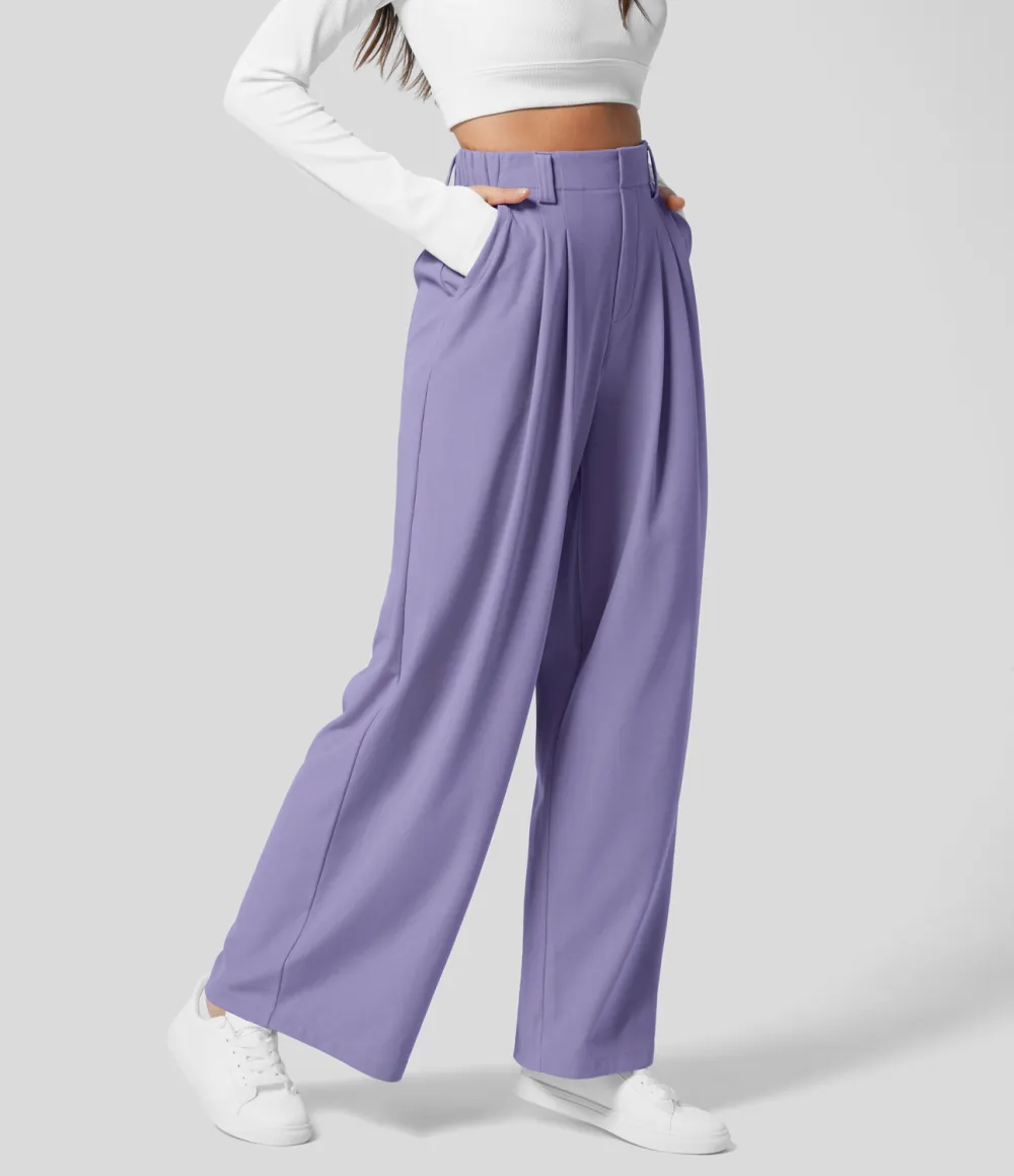 2026🔥  High Waisted Plicated Side Pocket Wide Leg Waffle Work Pants