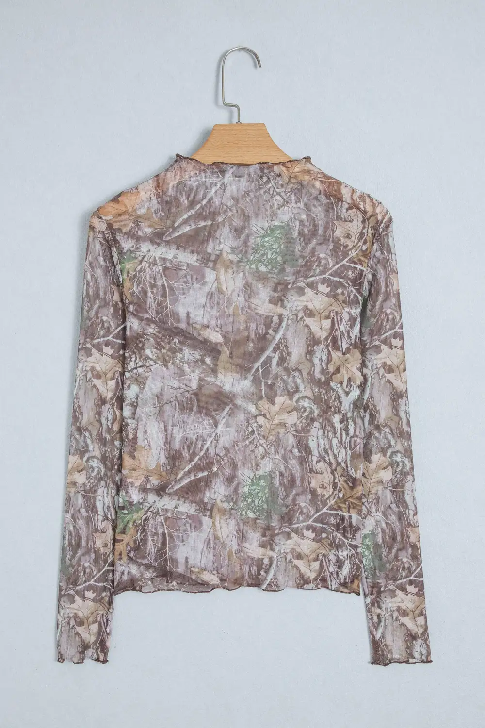 Refined Camouflage Print Mesh Stretch Fabric Long Sleeve Top