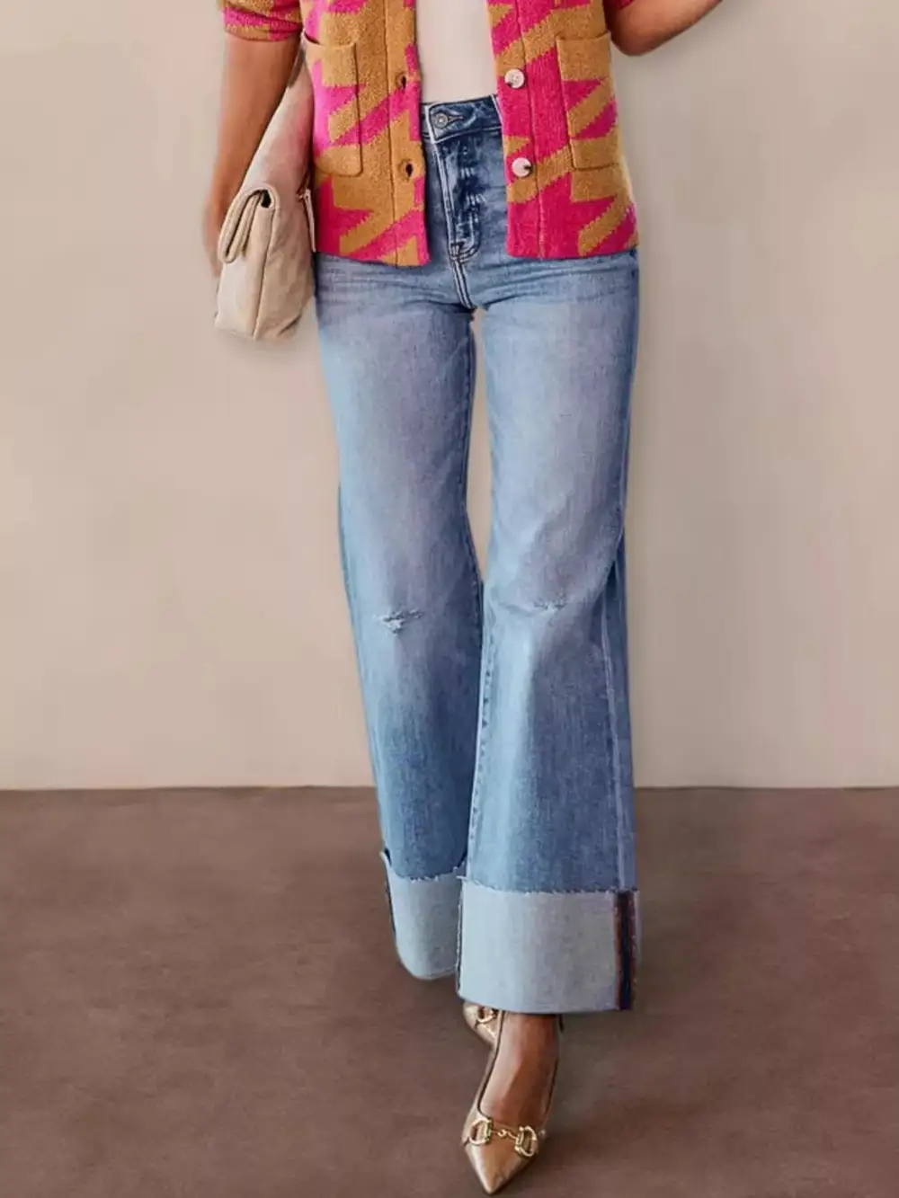 Distressed High-Waisted Flare Jeans Stretchy Denim Pants
