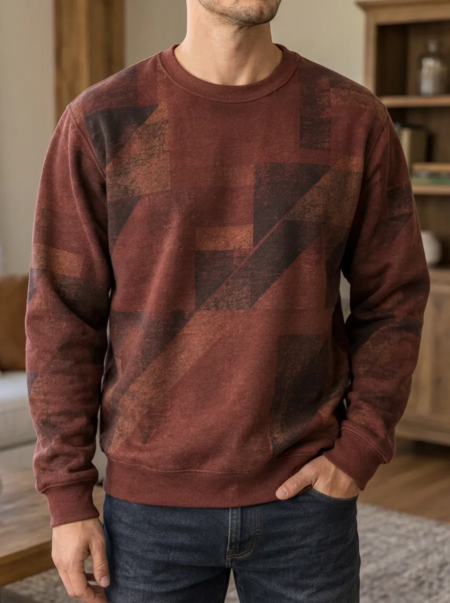 Men's Rust Geometric Print Crewneck Sweatshirt Geometric Graphic