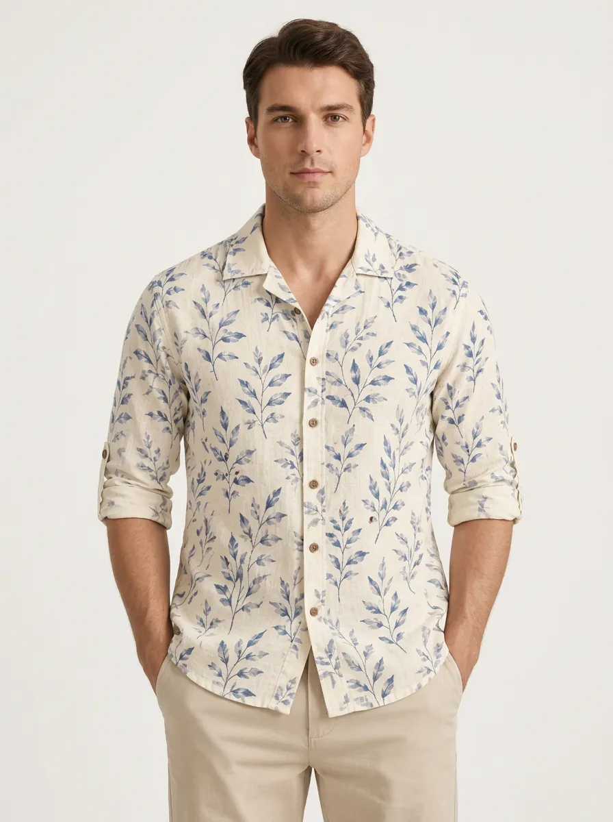 Men's Linen Leaf Printed Shirt