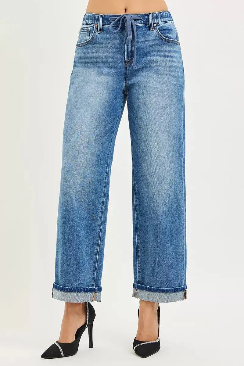 Elastic Waist Cuffed Hem Slouchy Jeans