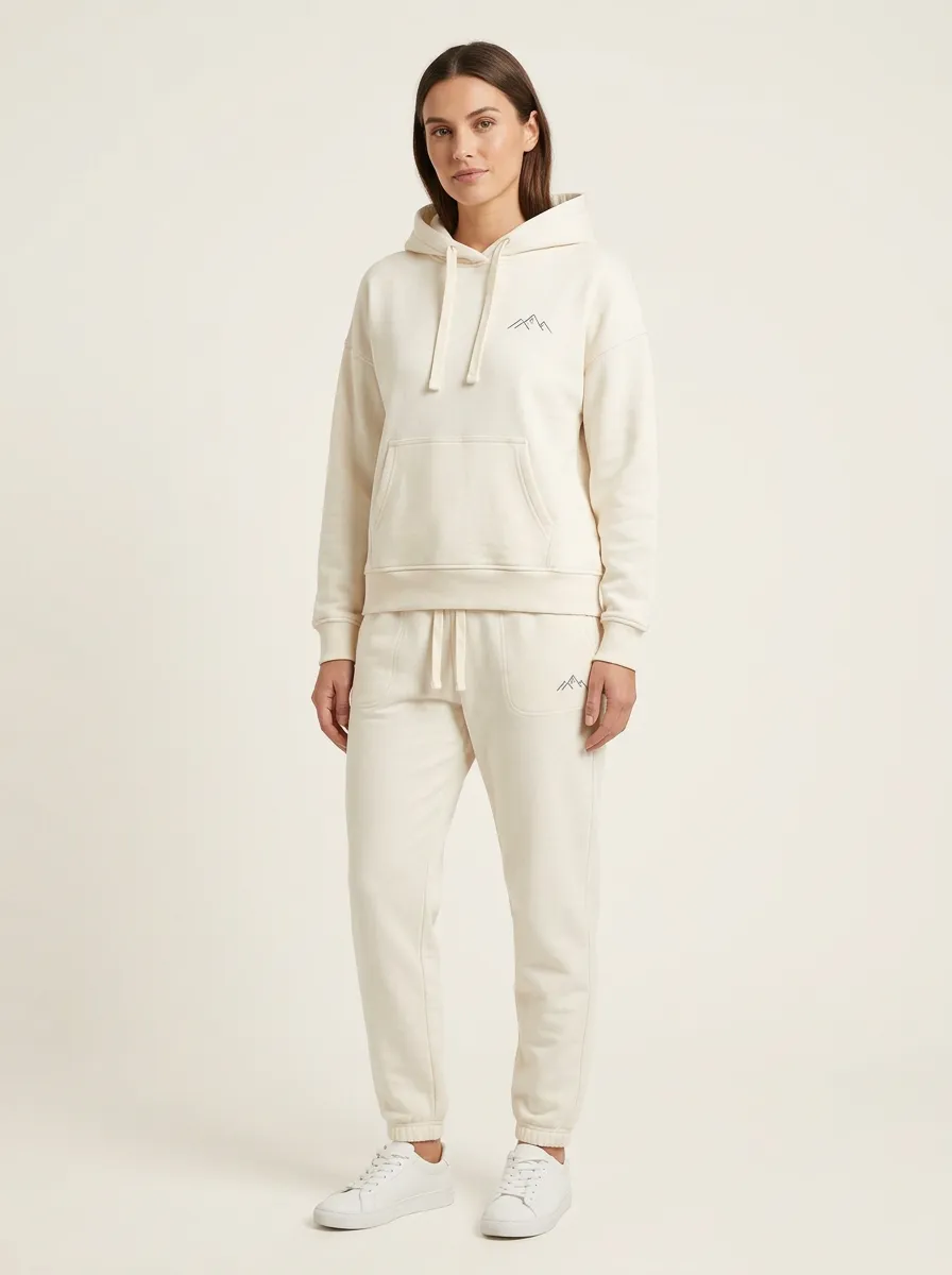 Women's Mountain Line-Art Embroidered Hoodie and Tapered Jogger Set