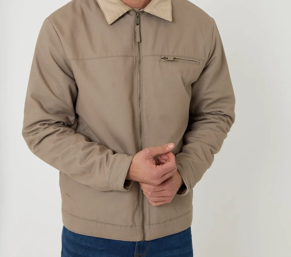Men's Mushroom Brown Cotton Canvas Jacket with Corduroy Collar