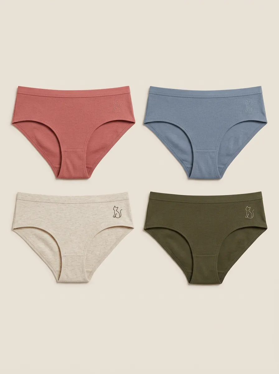 Women's Four-Pair Cat-Outline Ribbed Mid-Rise Brief Set