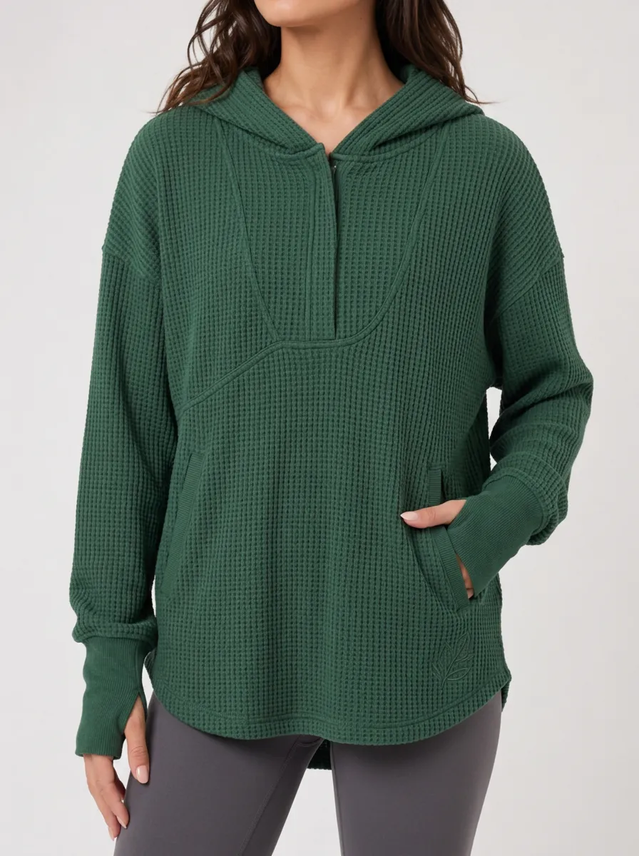 Easygoing Layered Waffle Knit Quarter Zip Hooded Top
