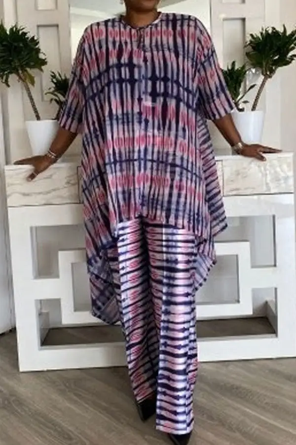 Abstract Print Asymmetric Round Neck Pant Set