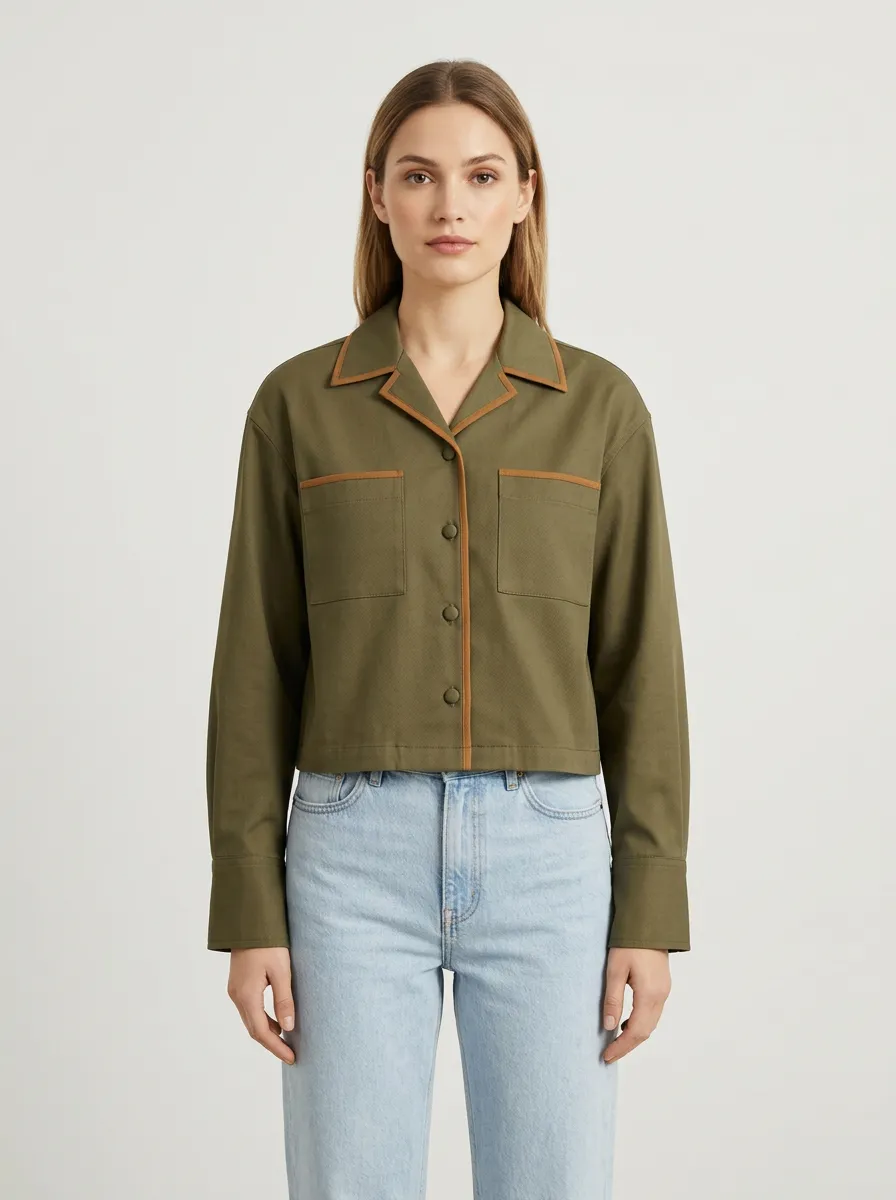 Women's Contrast-Trim Camp-Collar Dual-Pocket Shirt