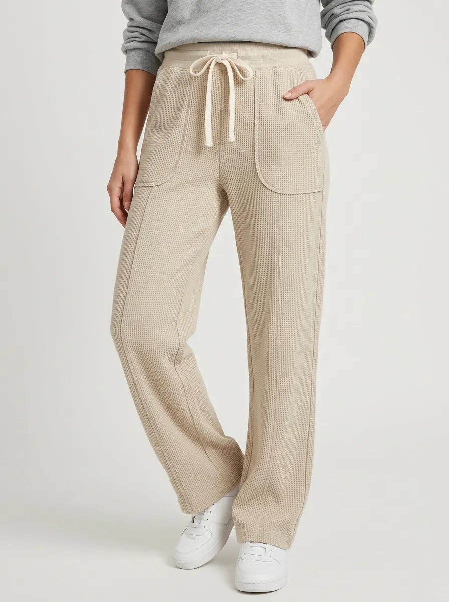Women's Waffle Knit Beige Drawstring Casual Lounge Pants
