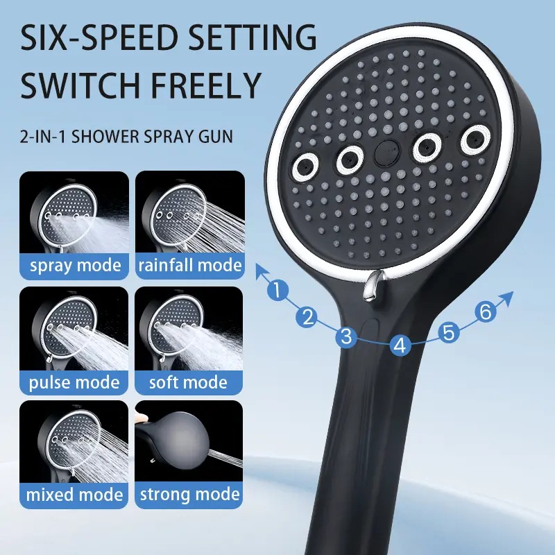 Six spray settings illustrated for the handheld shower head