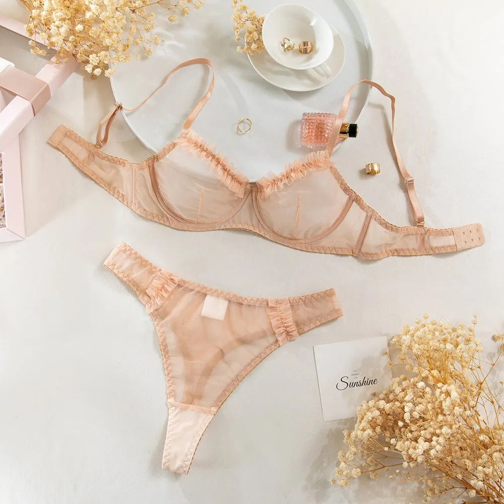 Pleated Mesh Lace Underwire Bra Set