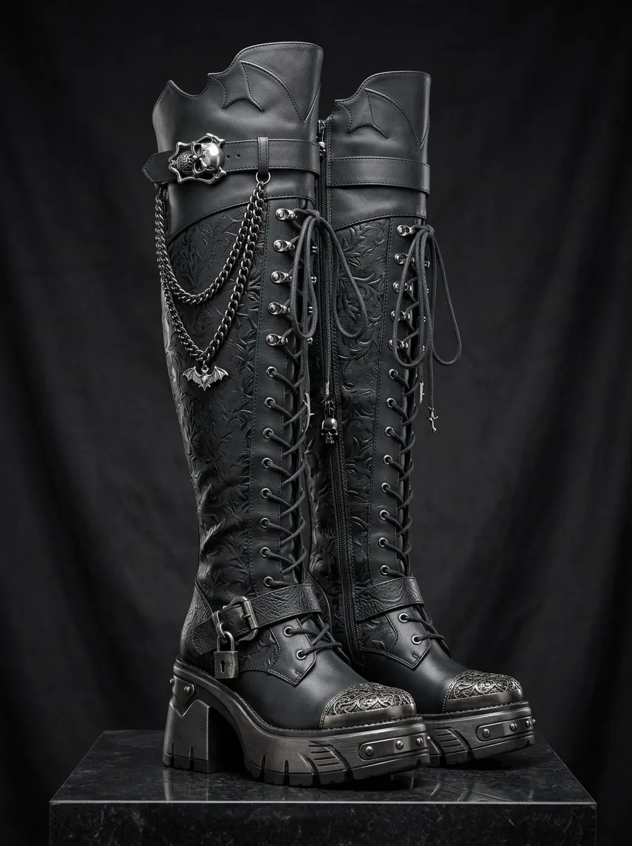 Classic Gothic Skull Bat Chain Darkwear Style Women's Gothic Platform Boots