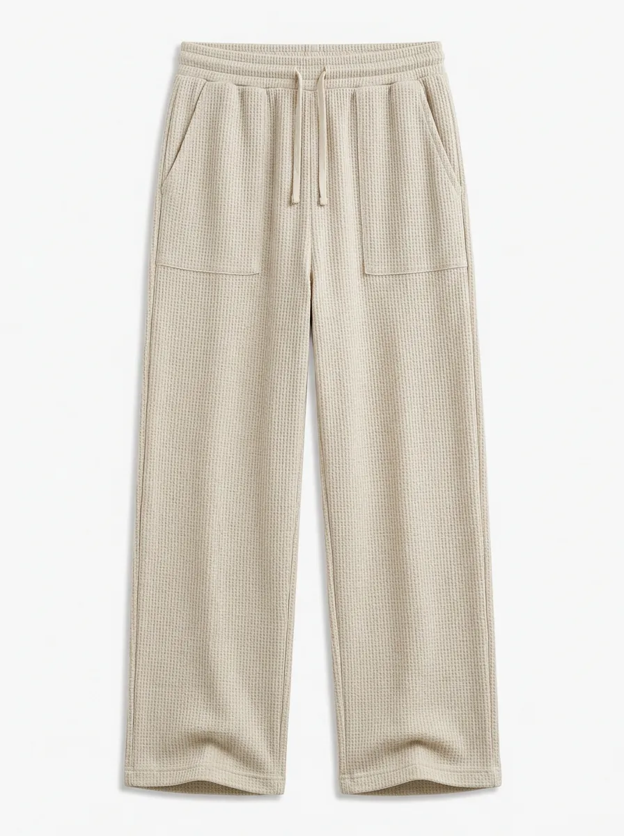 Casual Beige Waffle Knit Drawstring Lounge Pants for Unisex Wear