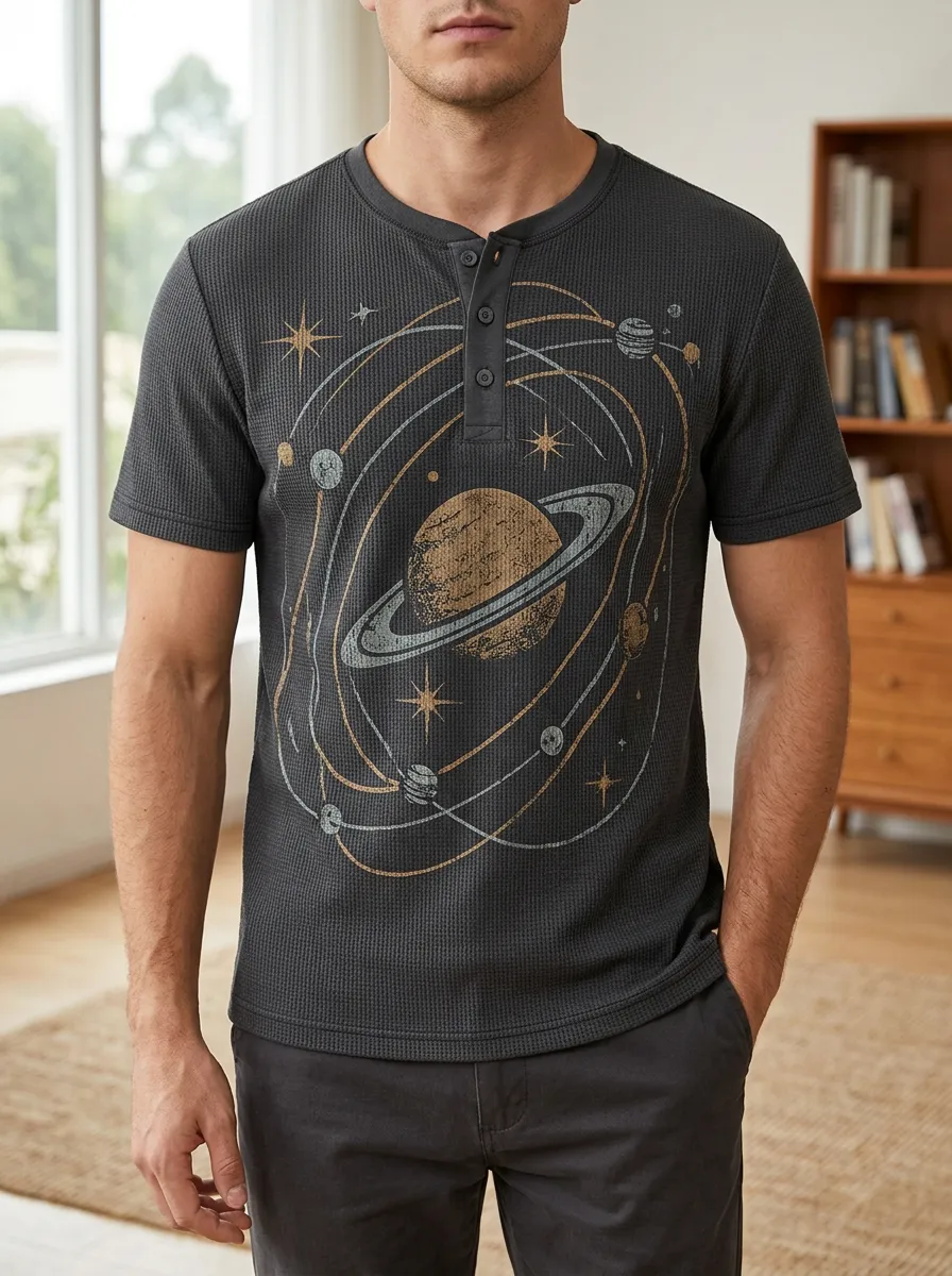 Men's Fresh Space Astronomy Planet Waffle Henley T-Shirt