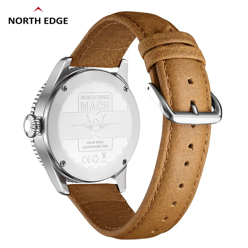North Edge Quartz watch pilot solar watch with brown strap MACH-Never needs a battery replacement