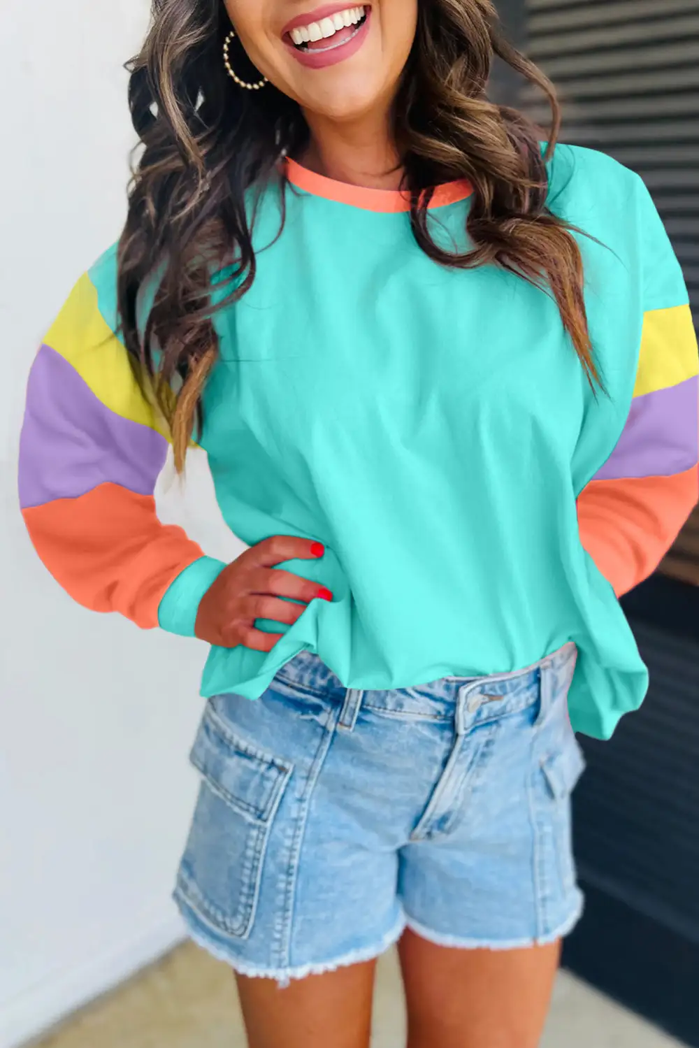 Color Block Crew Neck Relaxed Cotton Blend Long Sleeve Top