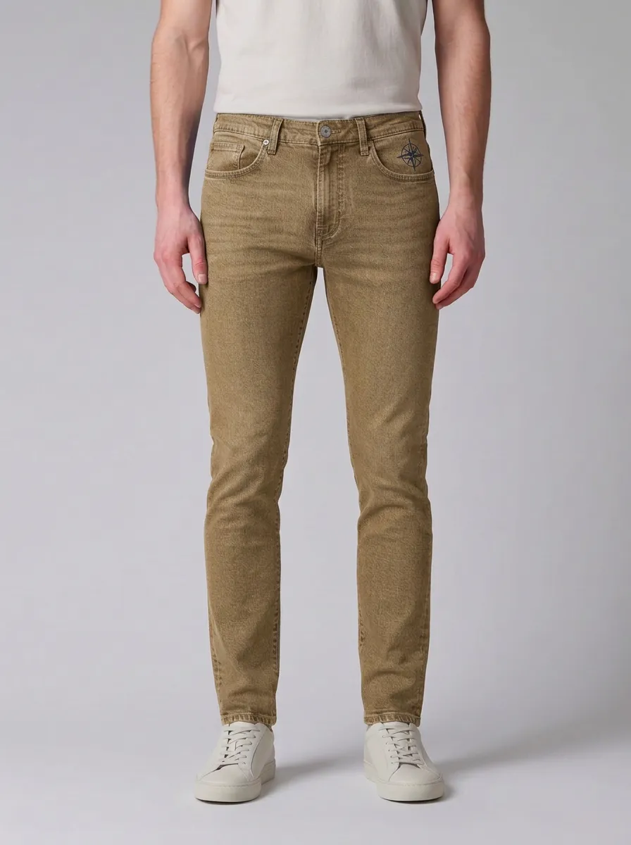 Men's Compass Emblem Embroidered Printed Stretch Jeans