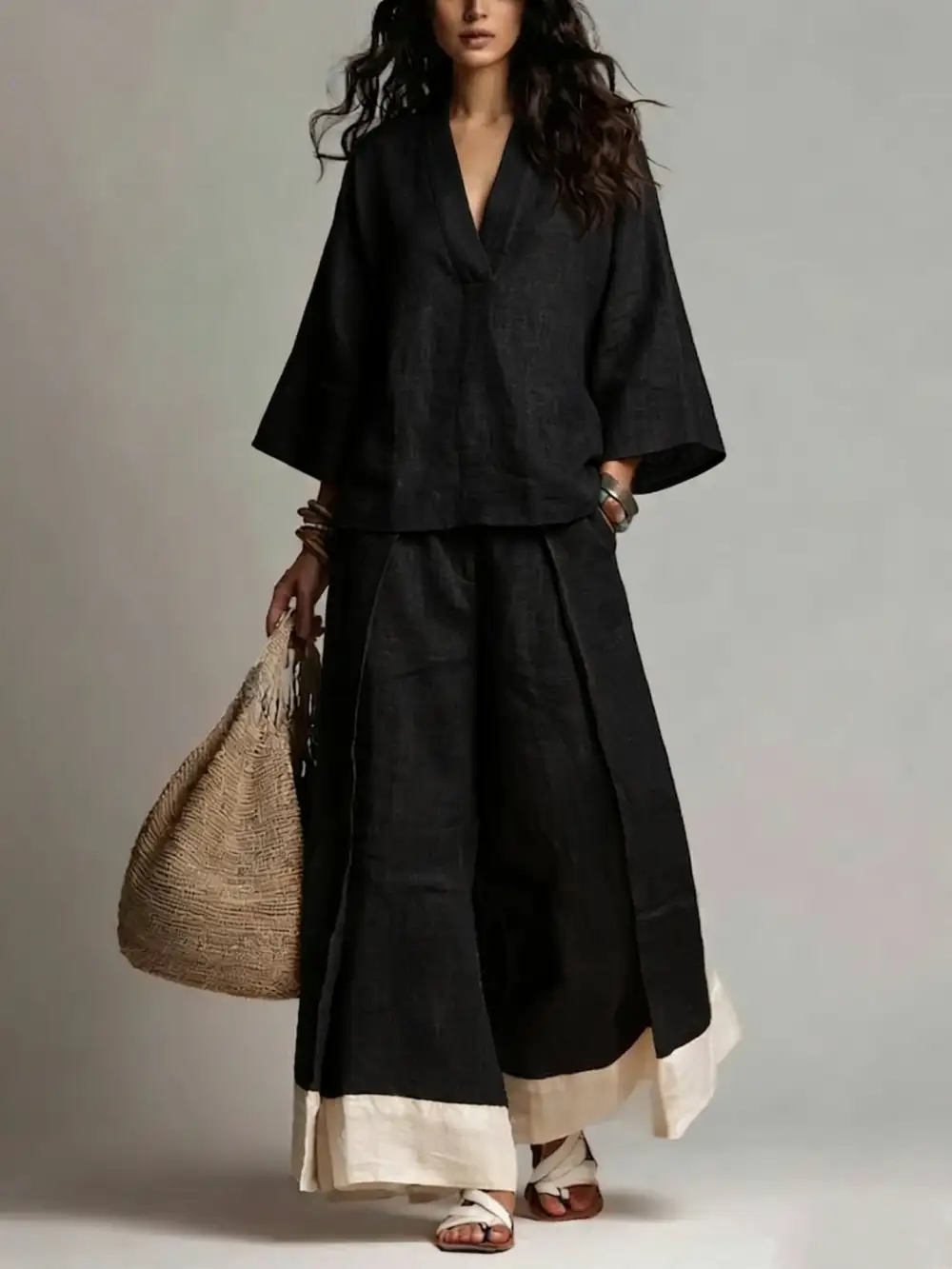 Wide-Leg V-Neck Denim Women's Matching Set