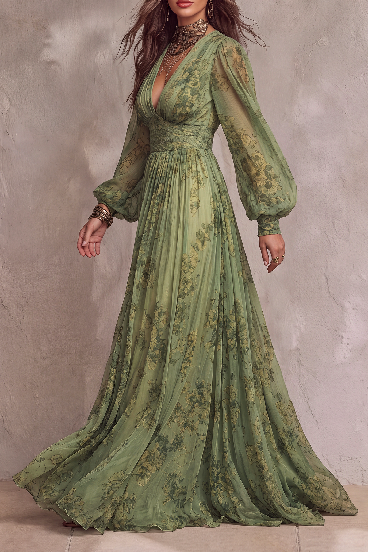 Modern Plunge Neck Floral Maxi Dress