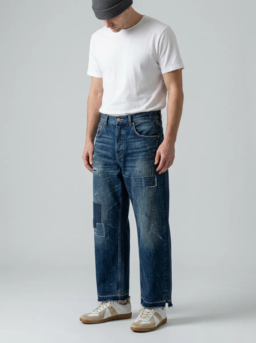 Men's Vintage Style Sashiko Patchwork Printed Wide Leg Jeans