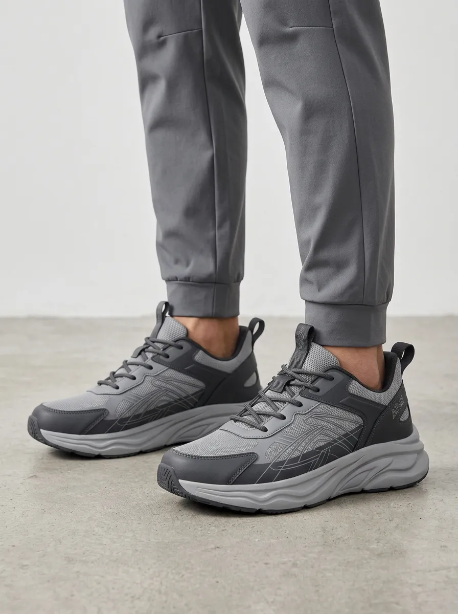 Men's Grey Paneled Mesh Lace-Up Sneakers