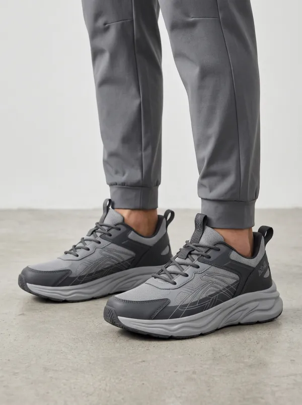 Men's Grey Paneled Mesh Lace-Up Sneakers