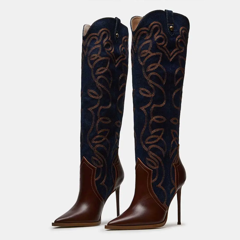 Faux-Leather Denim Embroidered Patchwork Knee-High Boots