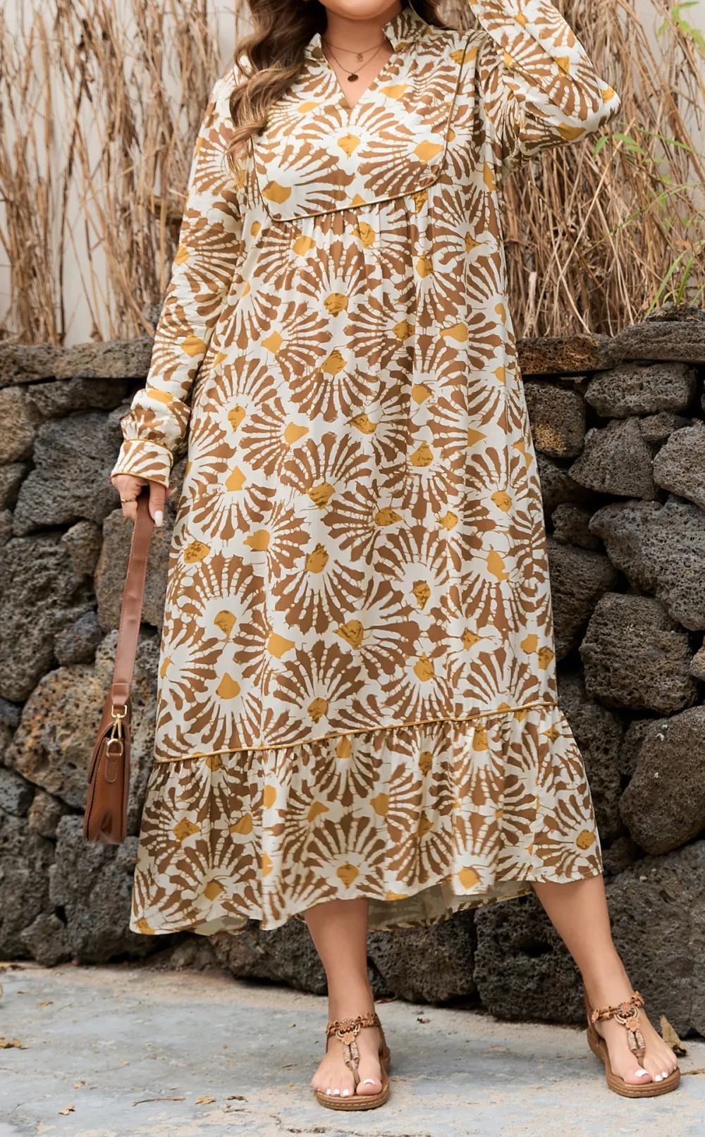 Abstract Plant Print Loose Plus Fit Long Dress