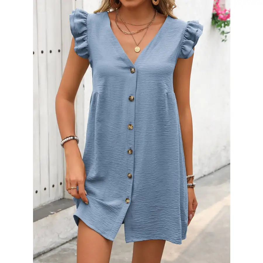 Button Up V-Neck Cap Sleeve Mini Dress