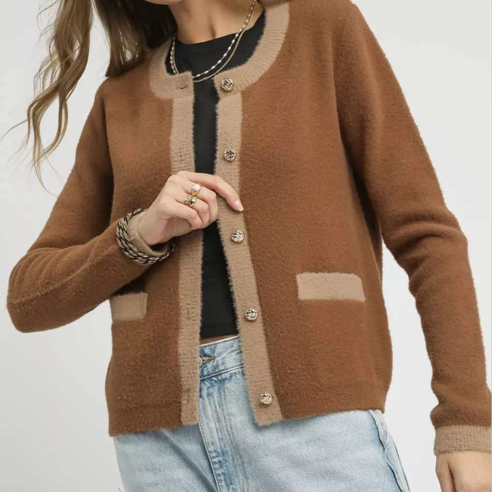 Button Front Pocket Detail Two Tone Knit Cardigan