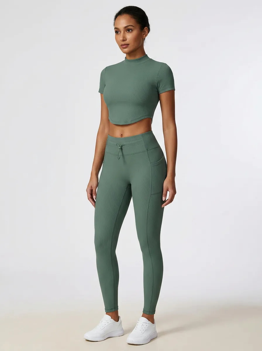 Women's Yoga Fitness Ribbed Mock Neck Crop Top Leggings Set