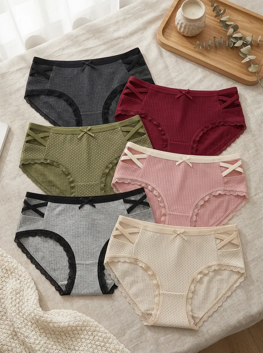 Women's Ribbed Lace-Trim Crisscross 6-Pack Panties