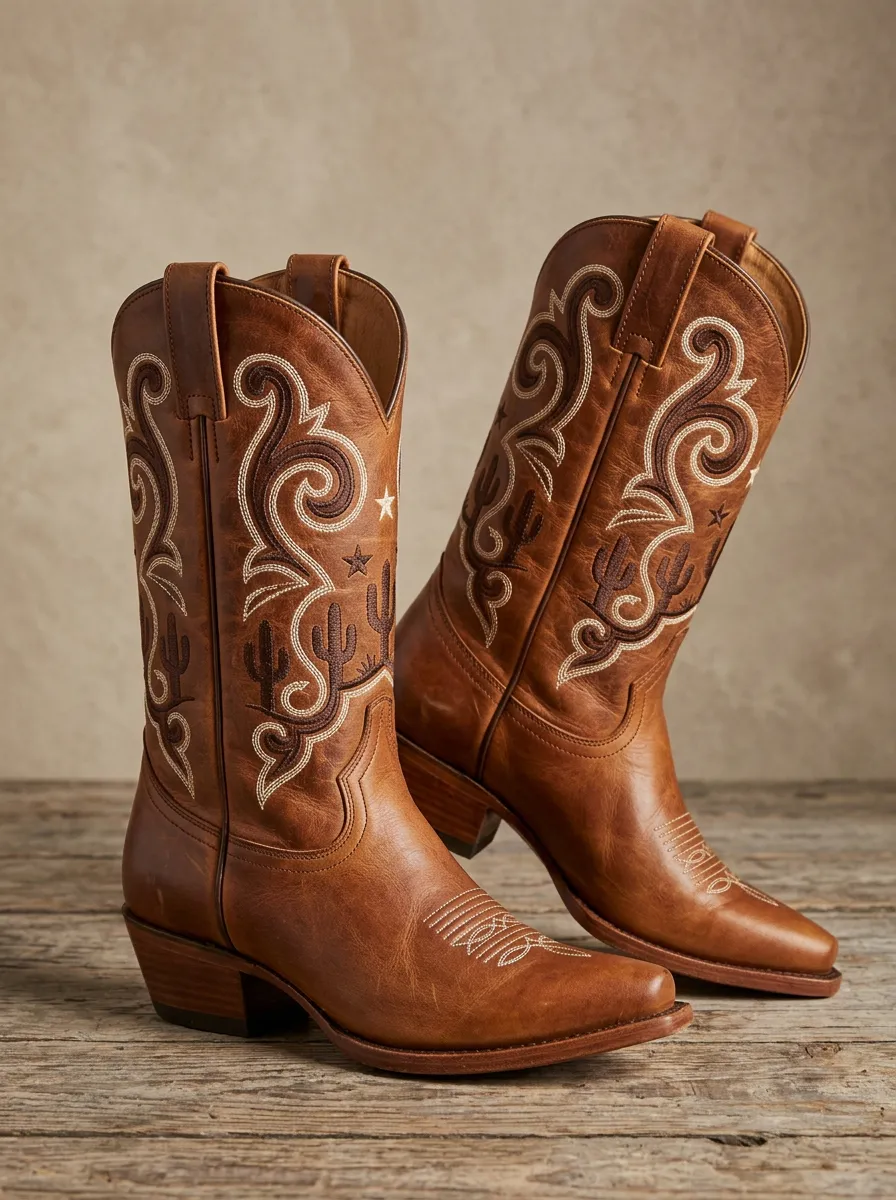 Range Cactus Star Embroidered Motif Unisex Western Cowboy Boots