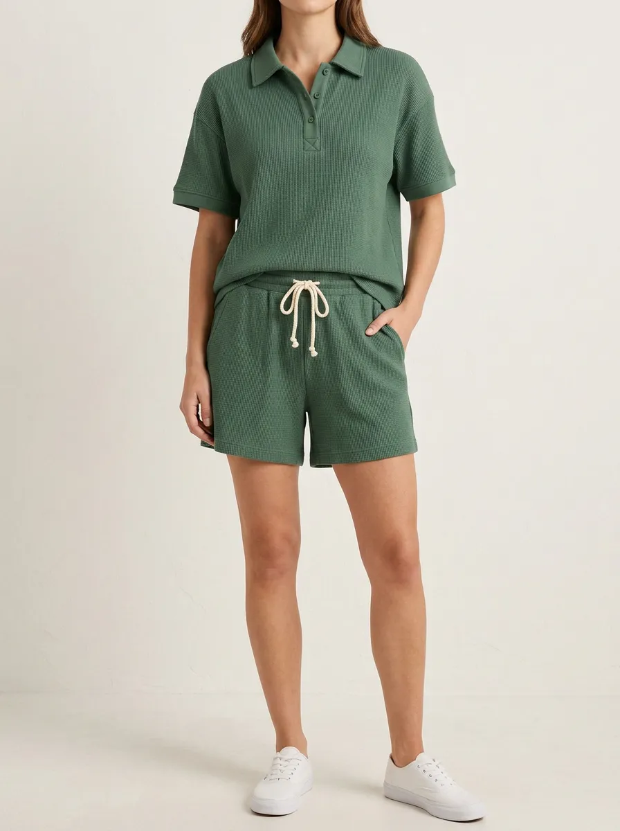 Unisex Waffle Knit Solid Green Polo Shirt