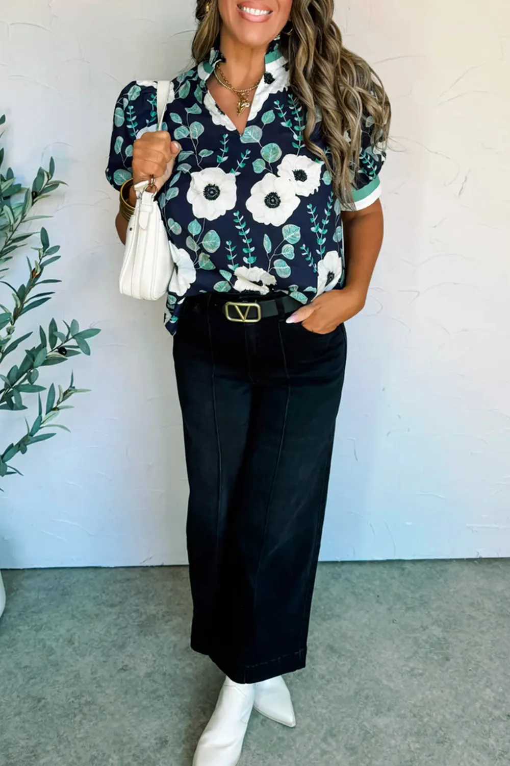 Blue Floral Print Striped Patchwork Blouse