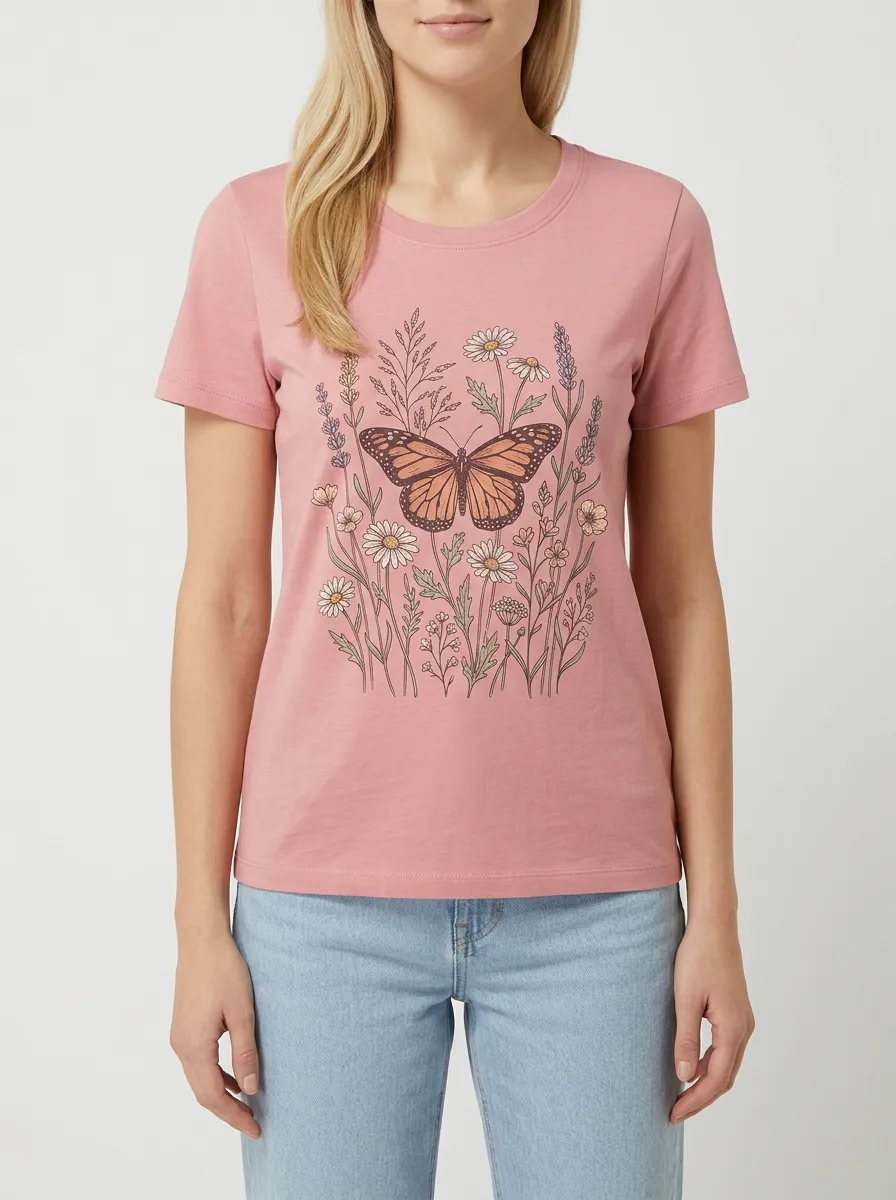 Women's Crewneck Graphic-Print Floral-Motif Ribbed T-Shirt