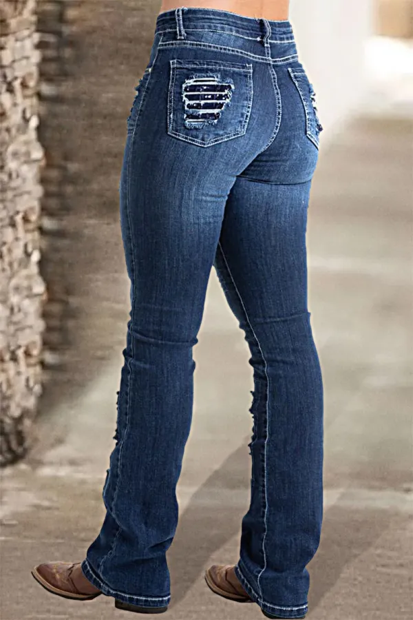Vintage Stripe Print Ripped Mid Waist Jeans