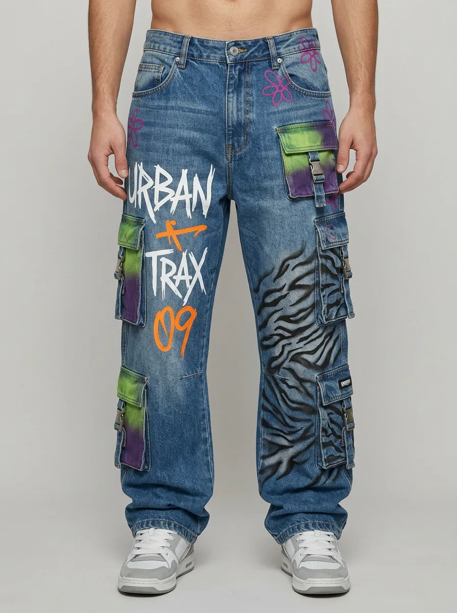 Men's Streetwear Urban Trax Graffiti Tiger Stripe Graphic Cargo Jeans