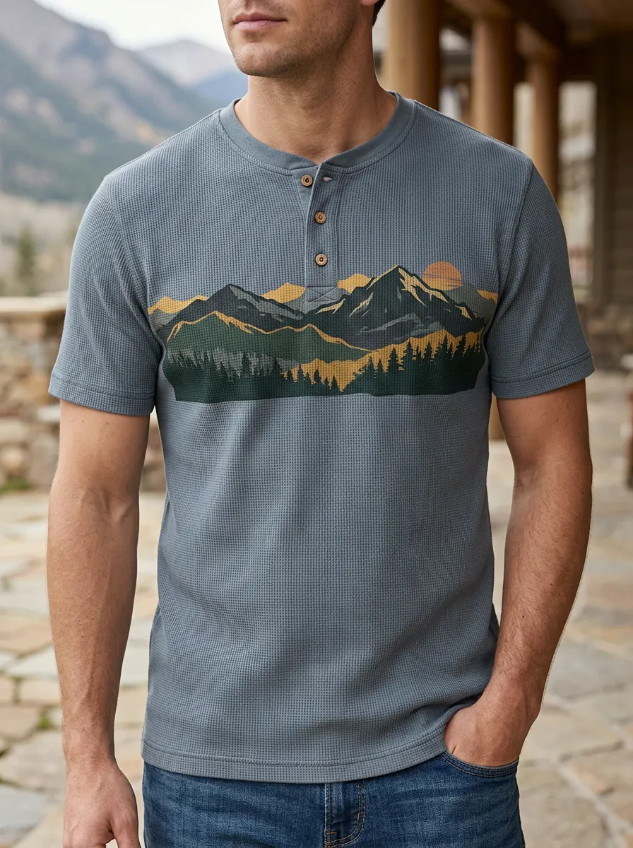 Men's Classic Outdoor Nature Lover Mountain Forest Henley T-Shirt
