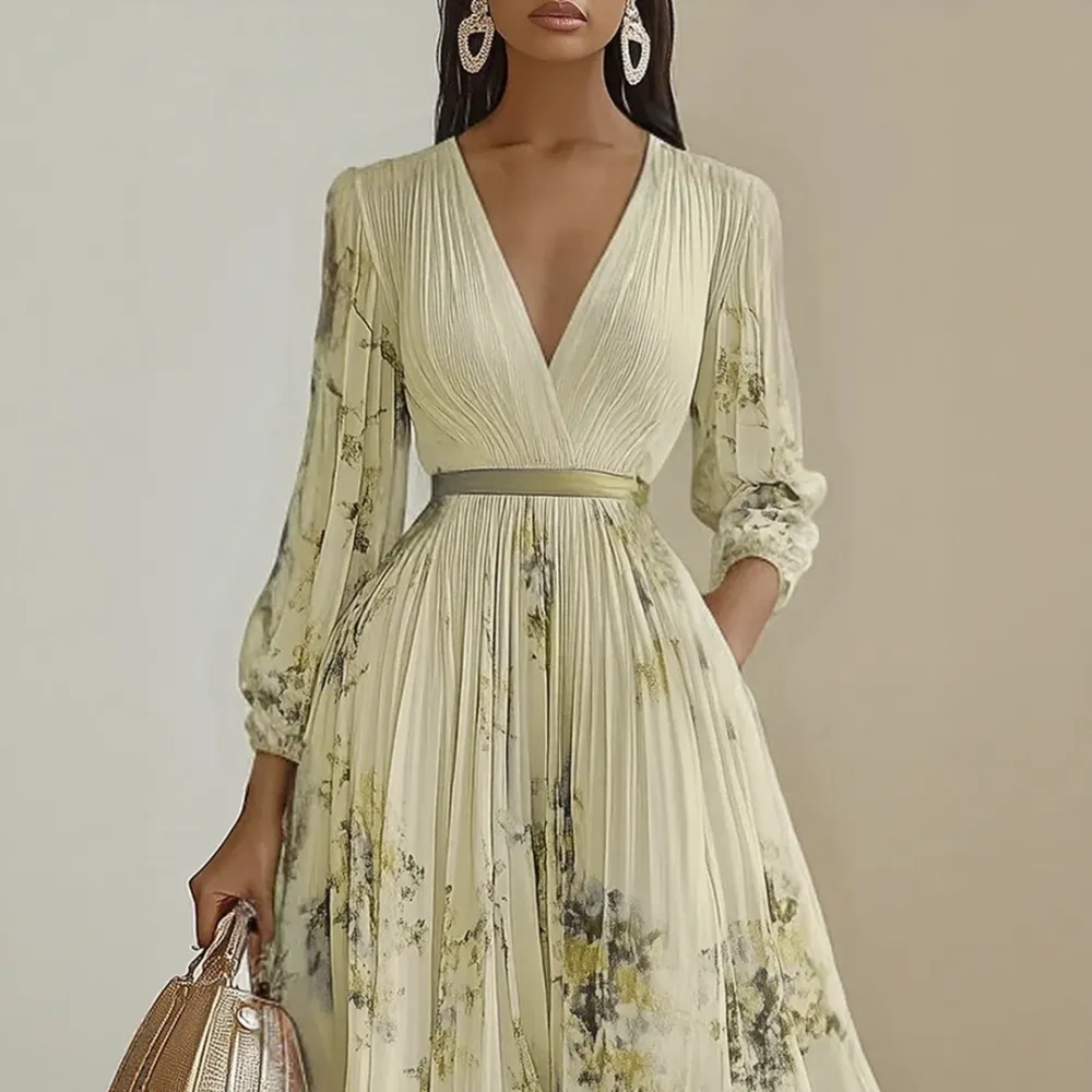  Pleated V Neck Maxi Dress