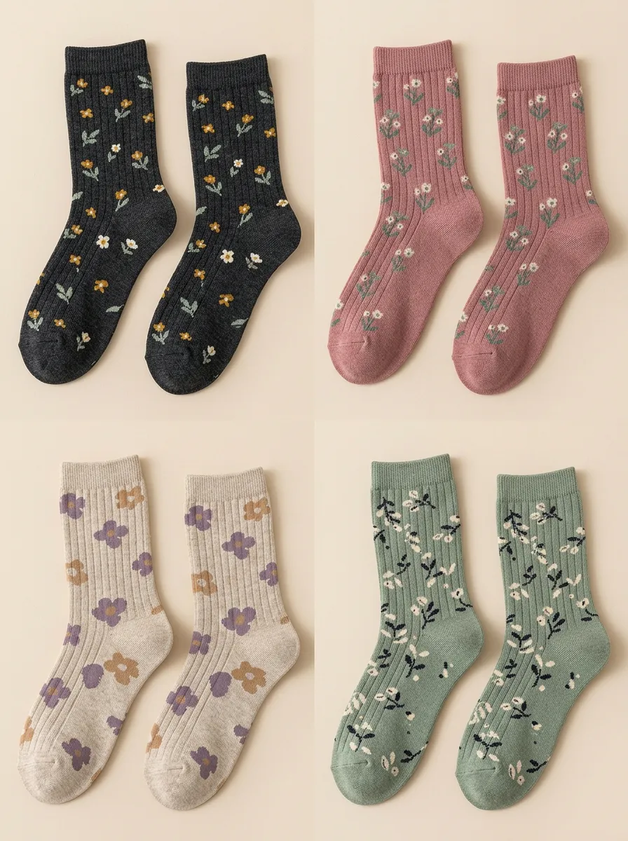 Women's Fine Floral Ribbed Crew Socks Four Pair Set
