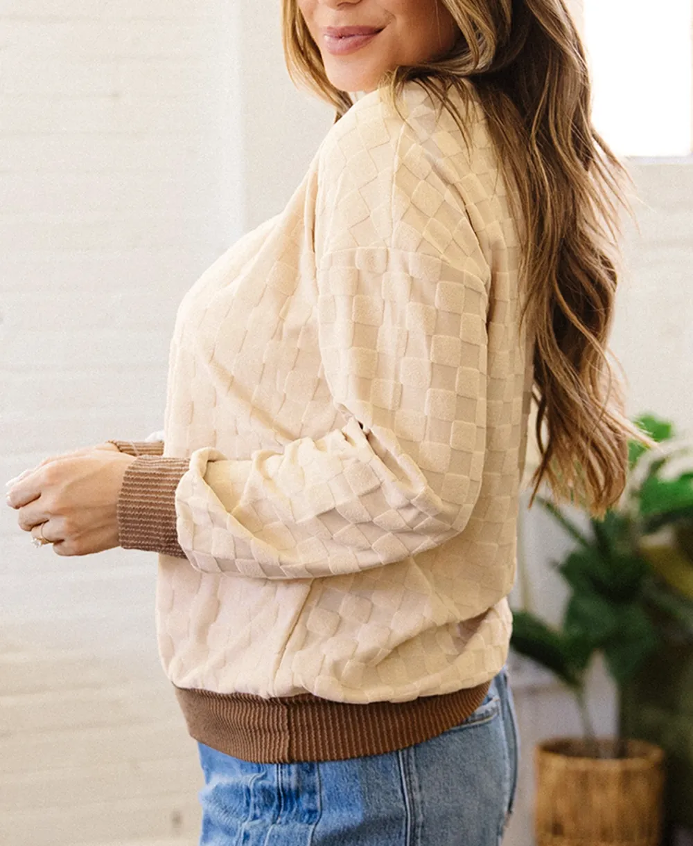 Women's Checkered Ribbed Long Sleeve Top