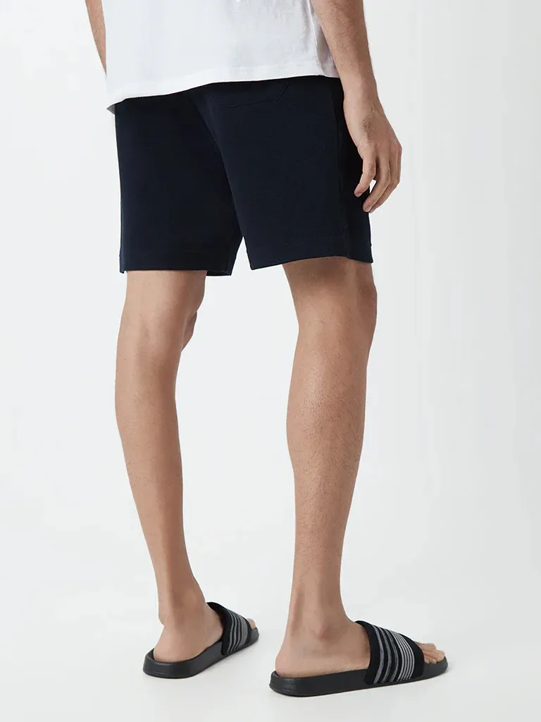 Navy Self-Textured Cotton-Blend Loose Shorts