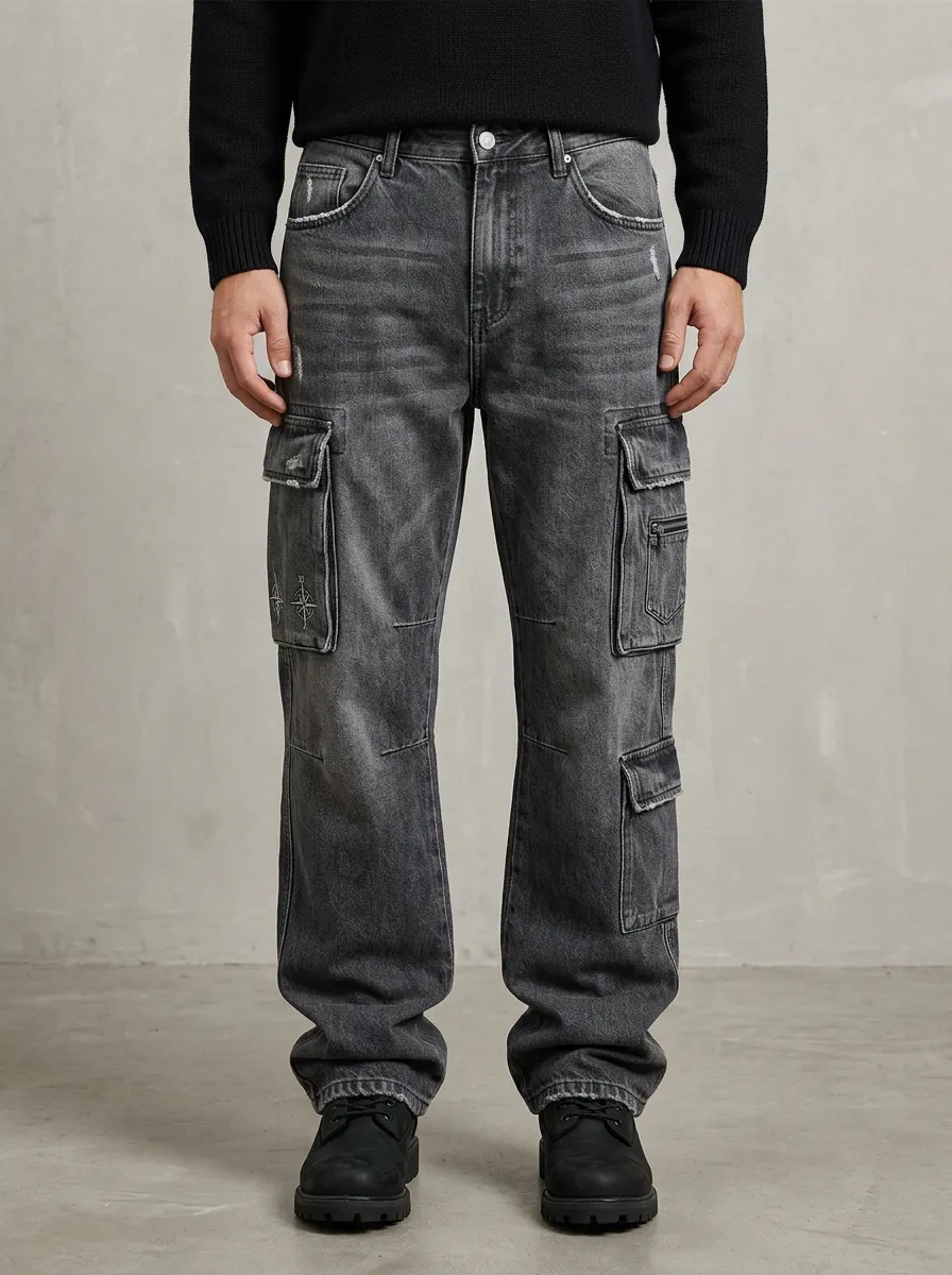 Men's Compass Graphic Distressed Washed Denim Cargo Jeans