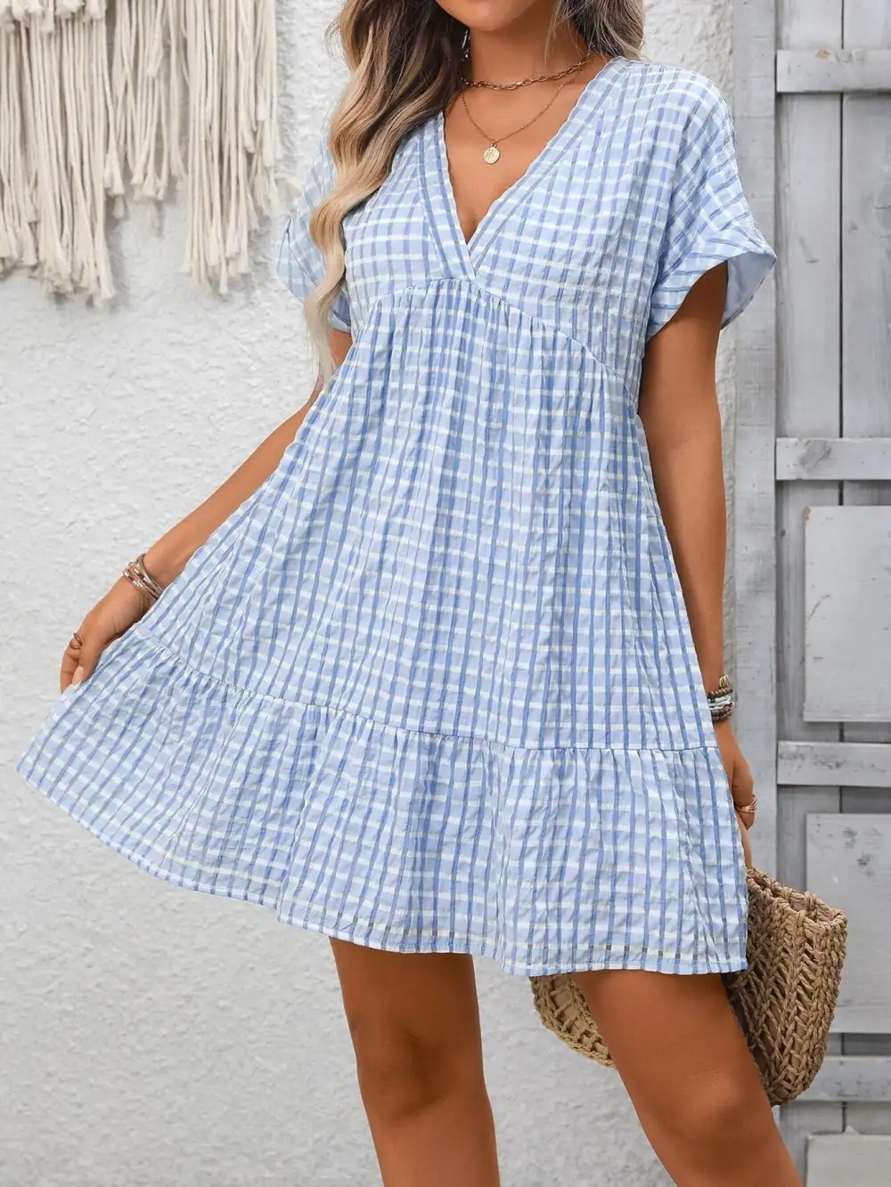 Modern V Neck Ruffle Mini Dress