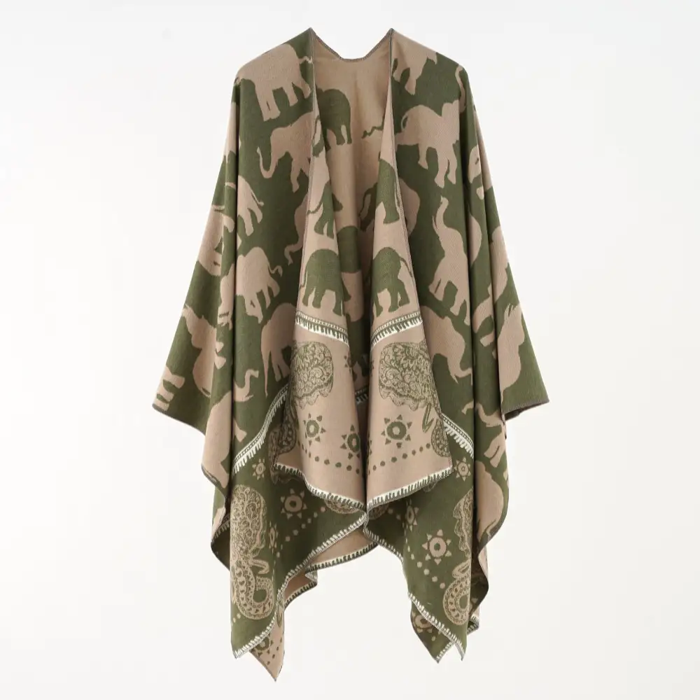 Jacquard Ornamental Elephant Motif Ruana Wrap