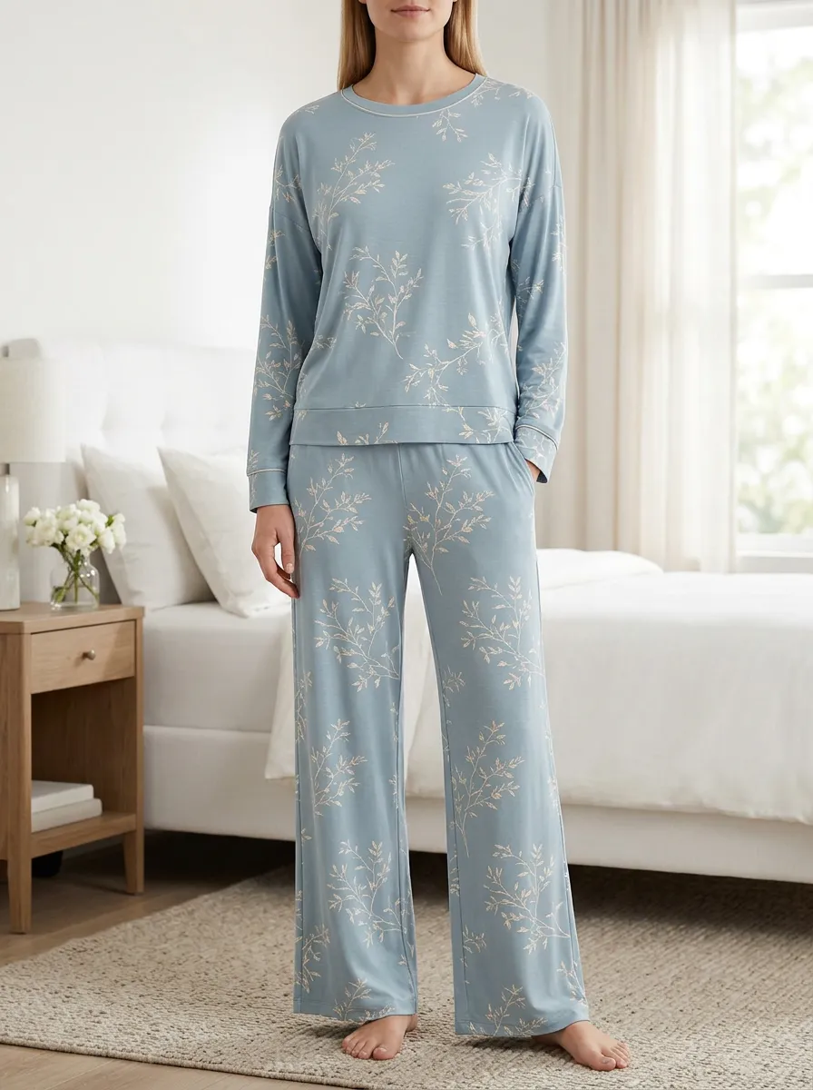 Botanical Crew Neck Long Sleeve Short Sleeve Wide-Leg Pants Women's Printed Pajama Set