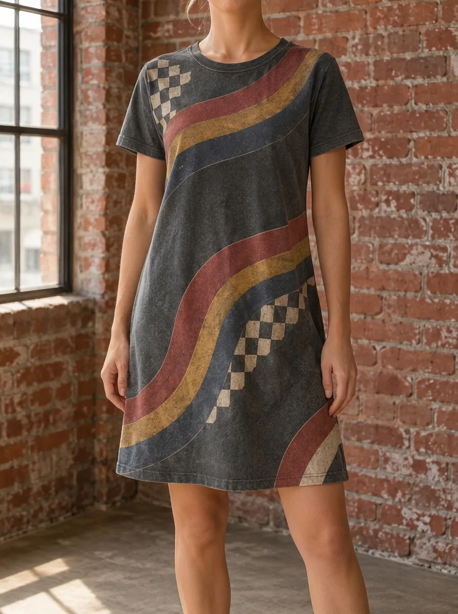 Women's Retro Vintage Style Checkerboard Wavy Stripe Printed Dress