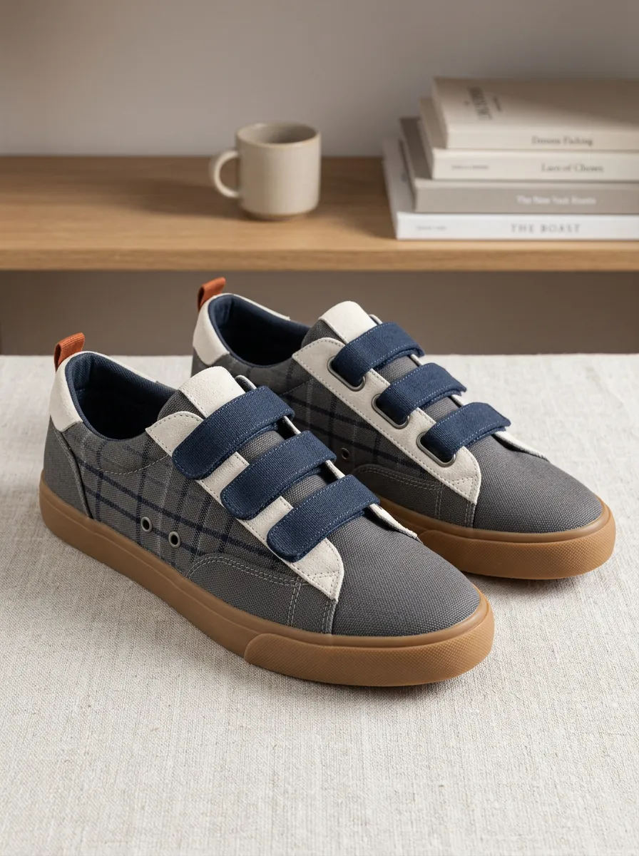 Men's Plaid Pattern Navy Velcro Strap Printed Canvas Shoes